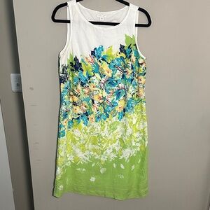 J. Jill White Linen dress floral with Blue and Green Accents